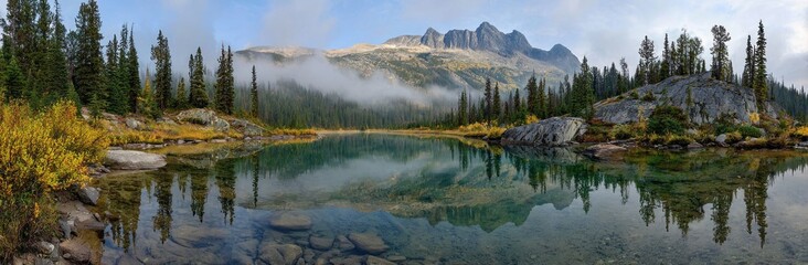 Scenic panorama of a serene lake reflects mountains and sky, surrounded by autumn foliage and evergreens, evoking tranquility and natural beauty