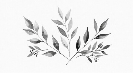 Delicate, monochrome watercolor leaves and berries create a serene, artistic design.