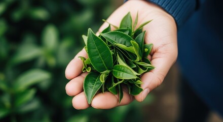 Freshly picked tea leaves held in a hand, showcasing the vibrant green foliage of a tea plantation.
