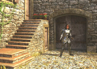 3D illustration of a medieval knight in full silver armor standing in a stone courtyard outside a castle gate. The scene includes stone stairs, wooden doors, and flower pots for added realism.