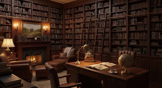 A richly appointed study, filled with antique books and warm, inviting light, evokes a sense of quiet contemplation.