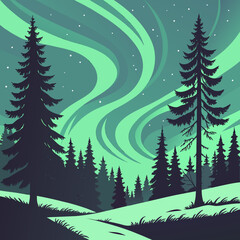 Silhouette of coniferous trees against a vibrant green aurora borealis sky with stars in a winter landscape