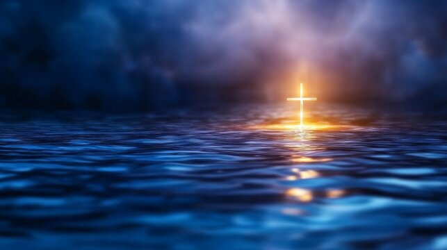 A glowing cross of hope on dark waters.