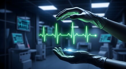 Robotic hands holding a glowing heart rate monitor in a futuristic medical setting.