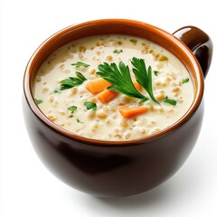 Creamy vegetable soup in a brown ceramic mug garnished with fresh parsley and chopped carrots, served hot with a smooth, hearty, nutritious comfort food