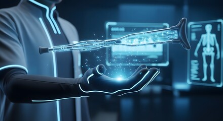 A medical professional holds a holographic medical device, surrounded by digital medical images.