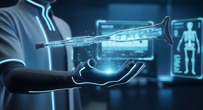 A medical professional holds a holographic medical device, surrounded by digital medical images.