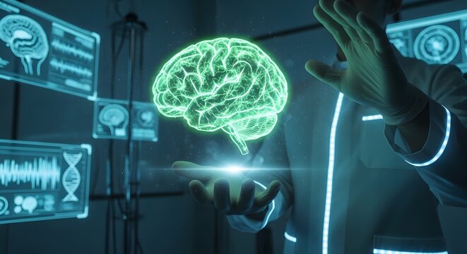 A futuristic scientist hovers a holographic brain in their hands, surrounded by digital displays.