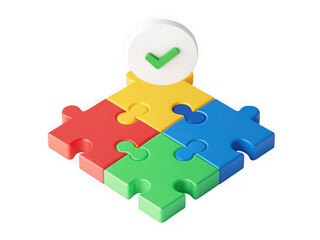 Obraz premium Four colorful puzzle pieces connected with a green checkmark on top, isolated on transparent background