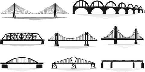 Bridge silhouette vector set, cable-stayed, suspension, arch, truss, cantilever, beam styles, black and white engineering illustration for architecture and design