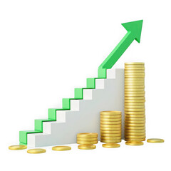 Staircase with a green arrow graph and stacks of gold coins, isolated on transparent background