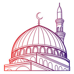 Stylized outline of a mosque dome and minaret with a crescent moon symbol and gradient colors