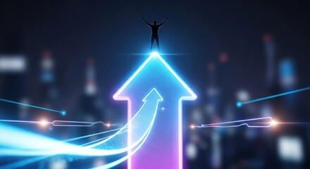A silhouetted figure stands triumphantly atop a vibrant, glowing neon arrow pointing upwards, symbolizing success and progress against a blurred cityscape background.