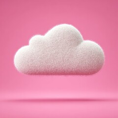 A fluffy, cartoon-style white cloud hovers above a pink surface, casting a soft shadow on the solid pink backdrop. Whimsical and minimalist