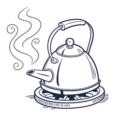 Vintage style line art illustration of a steaming kettle on a stove top with swirling steam wisps