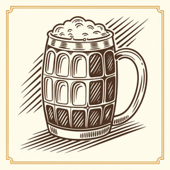 Vintage style illustration of a frothy beer mug with a wooden barrel texture and decorative border perfect for pubs and breweries