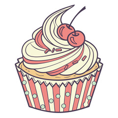 Whimsical illustration of a delicious cupcake with swirls of cream frosting and two red cherries on top