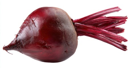 A single, vibrant beet sits against a white backdrop, highlighting its deep red color and textured skin, with a few stems attached