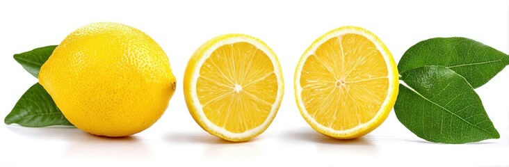 Fresh, vivid lemons. A whole lemon, a halved lemon and two leaves are displayed against a clean white backdrop, bright and inviting