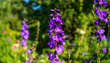 Obraz premium Vibrant purple flowers stand out against a soft-focus backdrop of greenery, showcasing a beautiful garden scene.