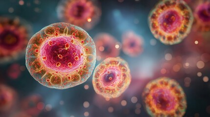 Human pathogenic viruses with detailed molecular surface structure, generative ai illustration