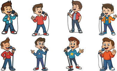 Cartoon boys singing with microphones, diverse character poses and outfits, music performance vector set for lifestyle, entertainment, and animation design
