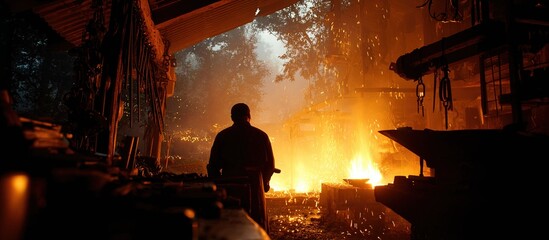 Artisan Blacksmith in Workshop Surrounded by Fire and Sparks