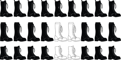 Boot grid pattern, black and white footwear, lace-up design, thick sole boots, side profile view, vector illustration, fashion icon