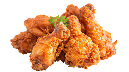 Crispy fried chicken drumsticks with parsley garnish close up