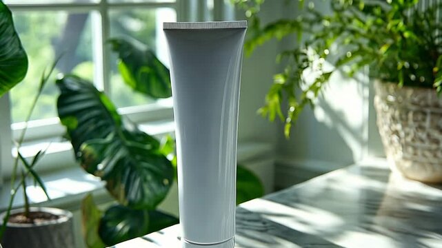 White cosmetic tube stands on a marble table by the window, surrounded by green plants.