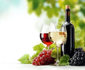 Wine arrangement with red, white wine in glasses and bottle with grapes. Green vine background. Light, airy