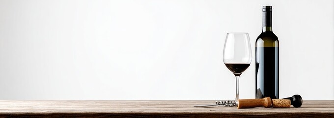 Red wine bottle and filled glass alongside a corkscrew and cork sitting on a wooden table against a white background