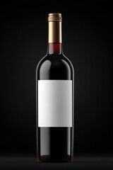 Sleek red wine bottle with a blank white label and a golden cap, set against a deep black background, creating an elegant and minimalist composition