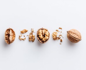 Walnuts. An overhead view of whole, cracked, and shelled walnuts with crumbs aligned on a white surface, creating a neutral, nutritious composition