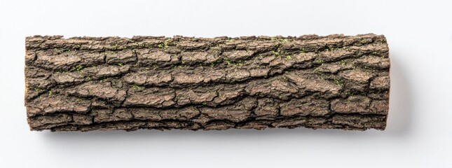 Close-up of a log on a white surface, showcasing rough bark texture and small green growths. Neutral lighting and clean presentation