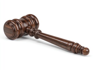 Dark wooden gavel with fluted head resting on a white surface, casting a small shadow. The wood grain is visible. Isolated close-up