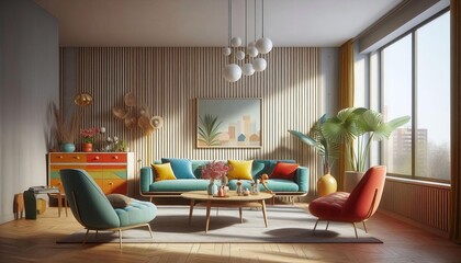 Cozy living room with midcentury modern furniture, vibrant decor, and abundant natural light