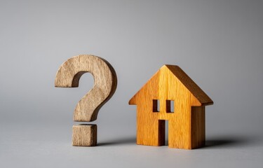 A wooden question mark sits next to a miniature wooden house against a soft grey backdrop, evoking uncertainty surrounding home ownership