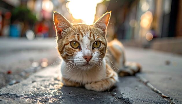 A ginger and white cat resting on a city street