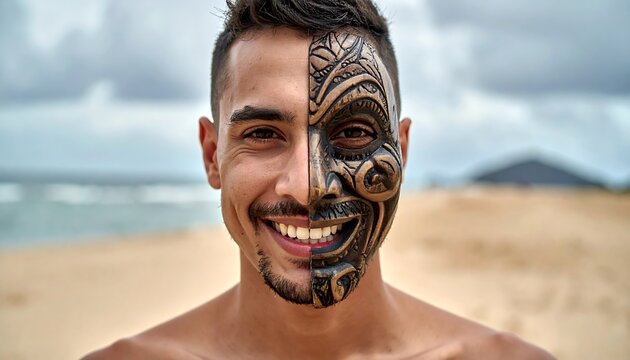 Man with intricate face paint smiles at beach
