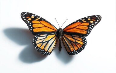 Naklejka premium Vibrant monarch butterfly with bold orange and black wings, contrasting with a clean white background, casting soft shadows highlighting its delicate form
