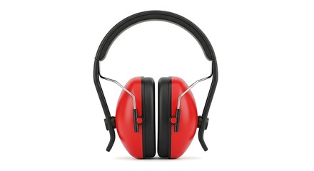 Bright Red Industrial Safety Earmuffs for Hearing Protection, Isolated in a Symmetrical Studio Shot on White.