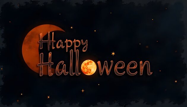 spooky "Happy Halloween" with a moon and stars. - Powered by Adobe