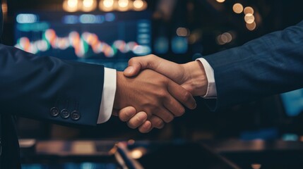 Businessmen Shaking Hands in Modern Office with Stock Market Charts in Background