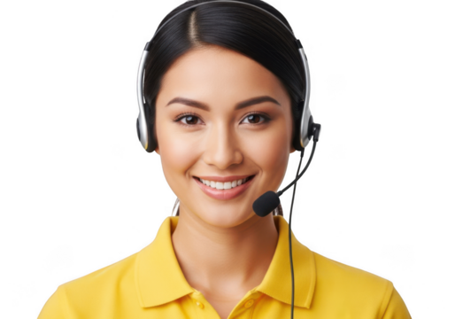 Smiling woman wearing headset and yellow shirt isolated on transparent background - Powered by Adobe