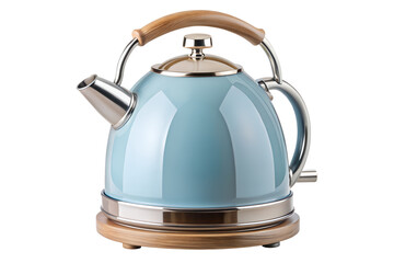 Stylish light blue retro electric kettle with a wooden handle and base, a modern kitchen appliance for boiling water isolated on a clean white background