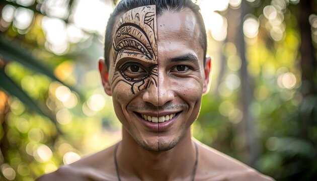 Man with intricate face paint smiles outdoors