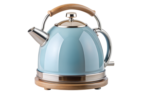 Stylish light blue retro electric kettle with a wooden handle and base, a modern kitchen appliance for boiling water isolated on a clean white background