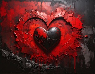 A fractured heart, crimson and dark, on a textured canvas