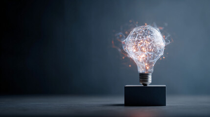 Holographic Wireframe Lightbulb With Network Icons — Innovation Tech Banner, AI SaaS Header